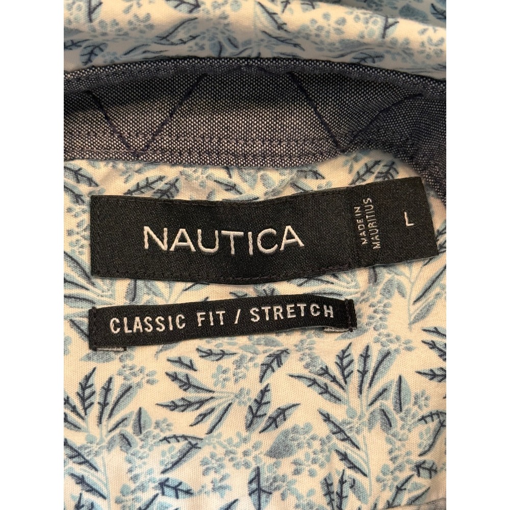 Nautica Womens Large Blue White Floral Leaf Print Button Down Shirt Classic Fit - Picture 3 of 6